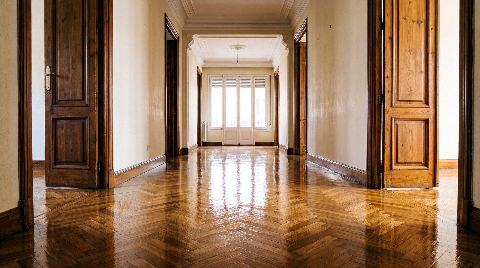 Pasillo de vivienda con parquet restaurado y barnizado brillante
